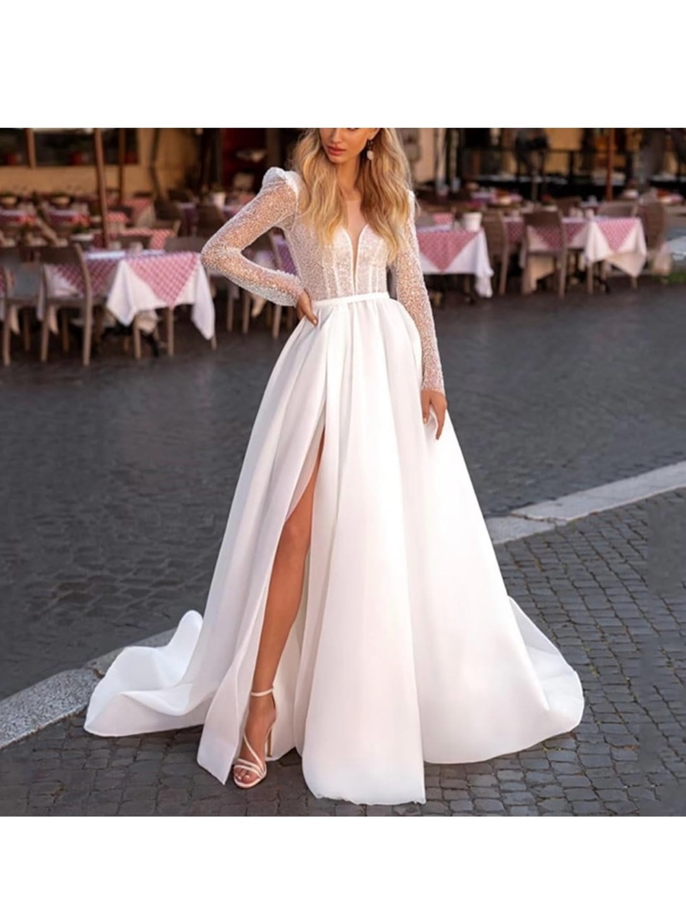 Elegant White Long-Sleeve A-Line Bridal Dress with High Slit